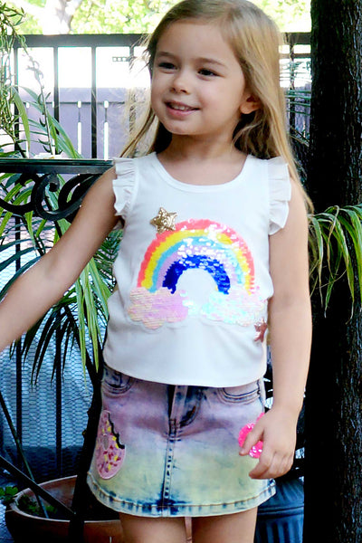 Baby Sara Little Girls Ombre Denim Jean Mini Skirt With Playful Sequin Heart Sprinkles Donut Patches Fun Kids Fashion