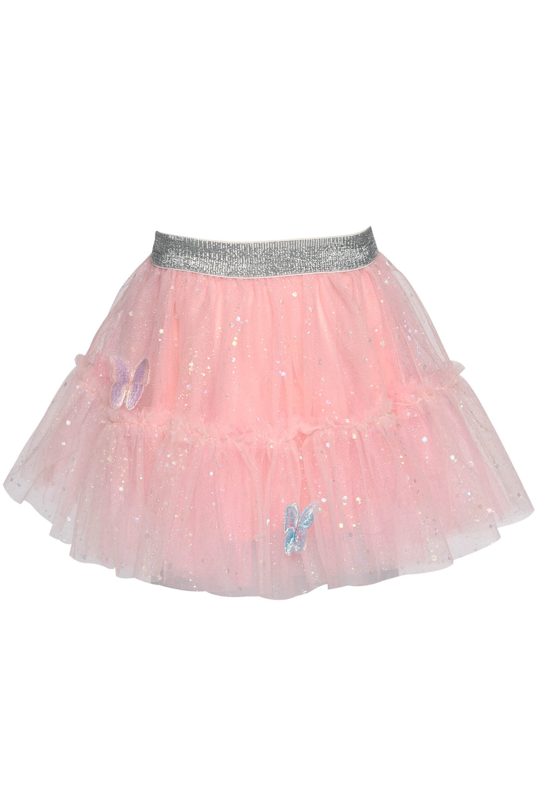 This tutu skirt is an absolute show-stopper! Featuring a beautiful pink mesh fabric and sparkly 3D butterflies, she'll look totally fab! Perfect for any special occasion or just twirling around in the garden - guaranteed to make her fly!  Elastic Metallic Silver Waistline  Tiered Mesh Overlay  Iridescent Shimmer  3D Butterfly   Tutu Mesh