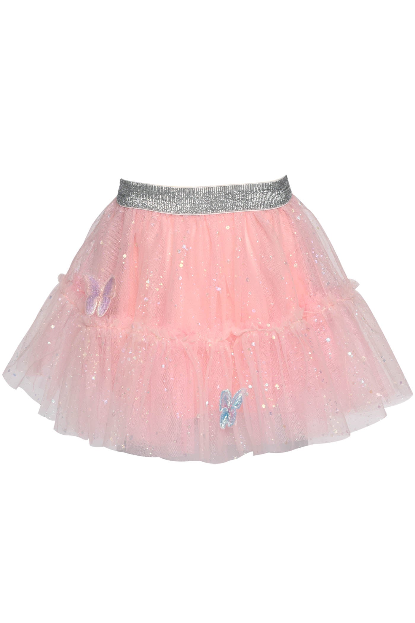 This tutu skirt is an absolute show-stopper! Featuring a beautiful pink mesh fabric and sparkly 3D butterflies, she'll look totally fab! Perfect for any special occasion or just twirling around in the garden - guaranteed to make her fly!  Elastic Metallic Silver Waistline  Tiered Mesh Overlay  Iridescent Shimmer  3D Butterfly   Tutu Mesh
