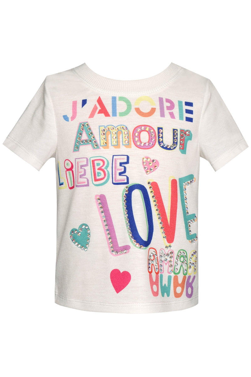 Toddler l Little Girl’s Colorful “Love”Text Tee  Round Neckline  Short Sleeves  Color “Love” Different Language Text Graphic Tie   The not so basic, basic tee every little one needs!   Adorned With Hearts & Rhinestone Gems    Keywords: Amour, J’adore, Liebe, Love, Toddler Little Girl’s Graphic T-Shirt, Summer Toddler Little Girl’s Graphic T-Shirt, Spring Toddler Little Girl’s Graphic T-Shirt, Colorful Toddler Little Girl’s Graphic T-Shirt,