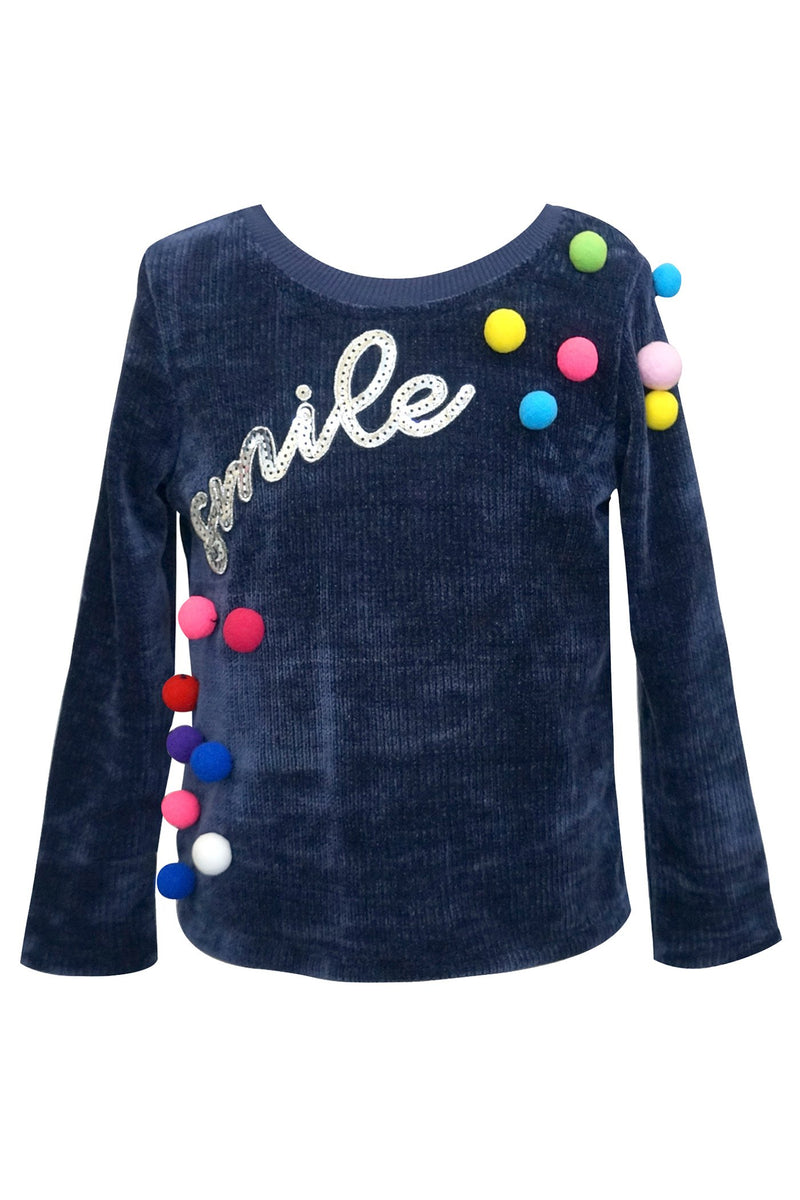 LONG SLEEVE SWEATER TOP WITH SEQUIN SMILE PATCH AND POMPOM DETAIL