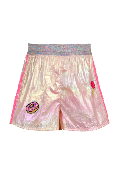 My Hannah Banana Little Girl’s Iridescent Sequin Patch Sporty Shorts.  Colorful Heather Metallic Full Elastic Waistline Sporty Sequin Multi Color Striped Sides Pink Iridescent Rainbow Shimmer Material  Fun Playful Donut & Lollipop Patch Embellishments  Imported