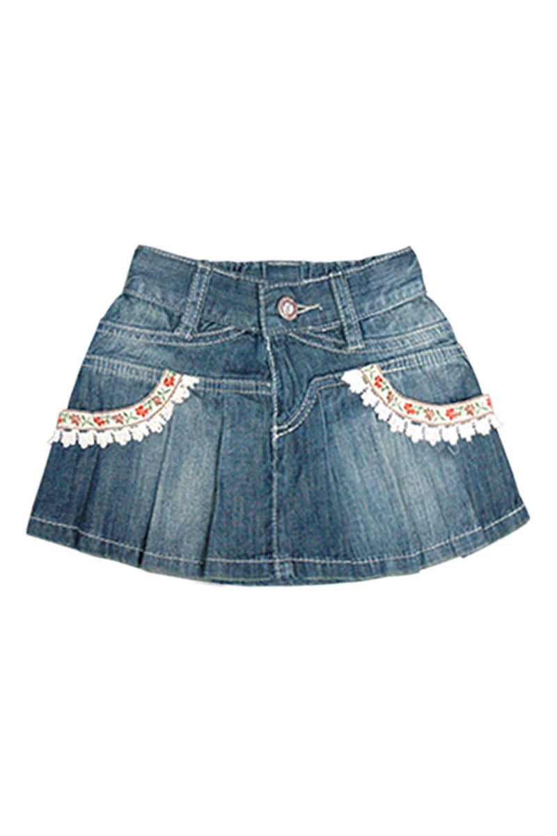 Baby Sara Little Girls Boho Chic Luxe Embroidered Trim Pleated Denim Jean Skirt