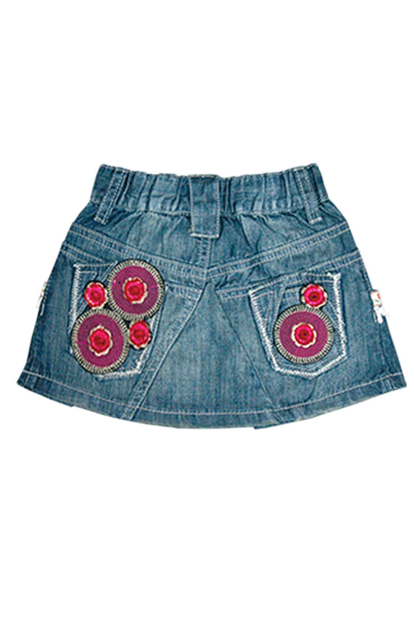Baby Sara Little Girls Boho Chic Luxe Embroidered Trim Pleated Denim Jean Skirt