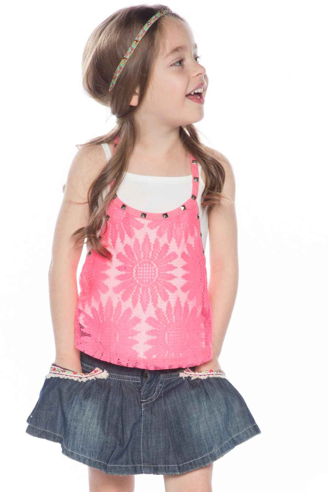 Baby Sara Little Girls Boho Chic Luxe Embroidered Trim Pleated Denim Jean Skirt
