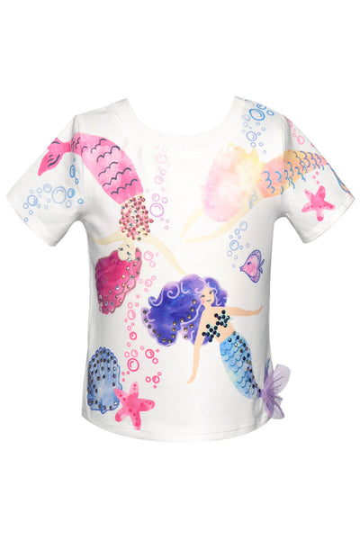 Transform your little one into an aquatic wonder with this mermaid-inspired T-shirt! It's perfect for playtime, with a whimsical colorful bubble, 3-D mesh tail and a shell-adorned starfish on the front. It's a magical look that will make your little one feel like a part of the deep blue sea.  Round Neckline  Short sleeves  Colorful Mermaids All Over  Rhinestone Details  Arrangement of Fish, Star Fish, Shells, And Bubbles  A Summer Must! 
