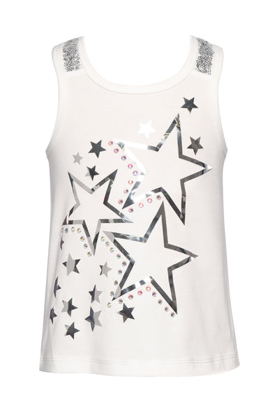 Baby Sara can make her sparkle in this metallic silver tank top! She'll feel like a shooting star wearing the shimmery sequins and rhinestones. Perfect for a girl who likes to stand out, this stylish top is perfect for twirling and frolicking in the spring and summer sunshine!  Round Neckline  Silver Sequin Trim On Staps  Shooting Silver Metallic Stars & Rhinestones  Sleeveless   Crisscross Back