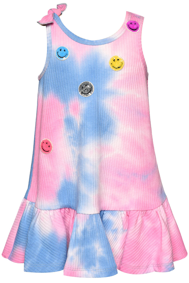 Toddler Girl’s Tie Dye Emoji Patch Drop Waist Dress  Round Neckline  Sleeveless  Tie Knot Bow   Sequin Rainbow Happy Emoji Patches  Tie Dye Baby Blue & Light Pink  Dropped A-Line Waist  Ruffled Bottom Hem  Textured Fabric     Key Words: Toddler Spring Dress, Toddler Summer Dress, Toddler Beach Dress, Toddler Vacation Dress, Toddler Tie Dye Dress, Toddler A-Line Dress, Toddler Sequin Dress, Easter Toddler Dress