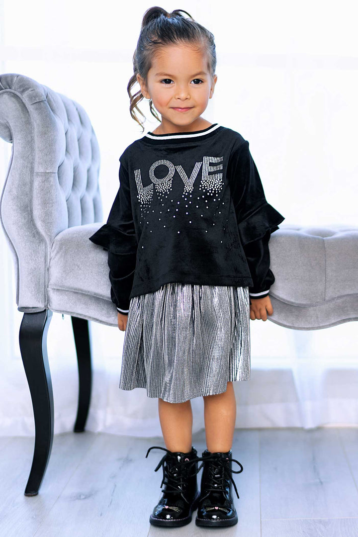 Baby sara Baby Girl's Velour Rhinestone Love Ruffle Shirt
