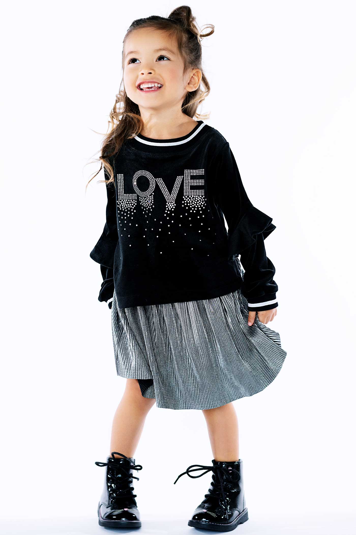 Baby sara Baby Girl's Velour Rhinestone Love Ruffle Shirt