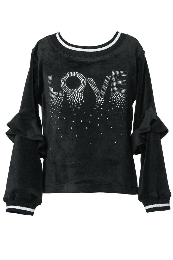 Baby sara Baby Girl's Velour Rhinestone Love Ruffle Shirt