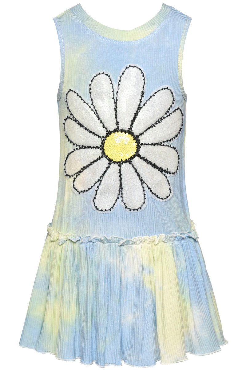 Little l Big Girl’s Summer Skies Daisy Sequin Dress  Round Neckline  Sleeveless Details  A-Line / Dropped Down Waist   Large Daisy Sequin Front Statement  Subtle Lettuce Ruffle Detail  Summer Skies Tie Dye: Sky Blue, Sunshine Pastel Yellow, and White Cloudy Look     Keywords: Little Girl’s Summer Dress, Little Girl’s Spring Dress, Little Girl’s Tie Dye Dress, Little Girl’s Floral Dress, Little Girl’s A-Line Dress, Little Girl’s Casual Dress, Little Girl’s Sundress