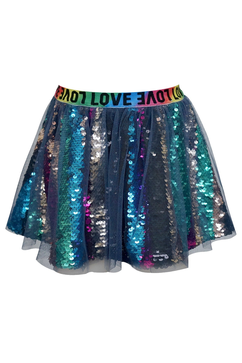 MULTI COLOR SEQUIN SKIRT WITH MESH OVERLAY