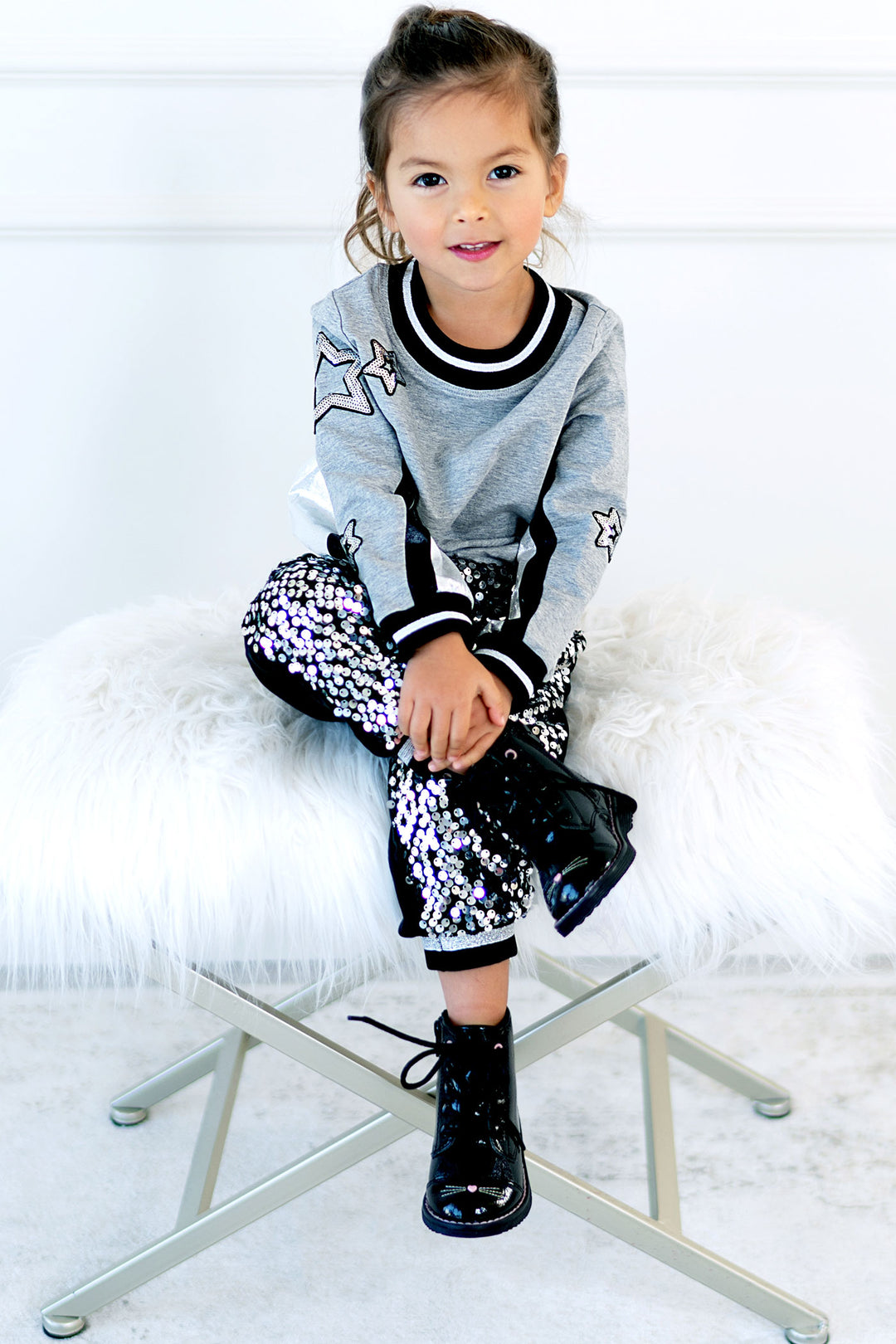 Baby Girl's Sporty Pleather Trim Star Crewneck