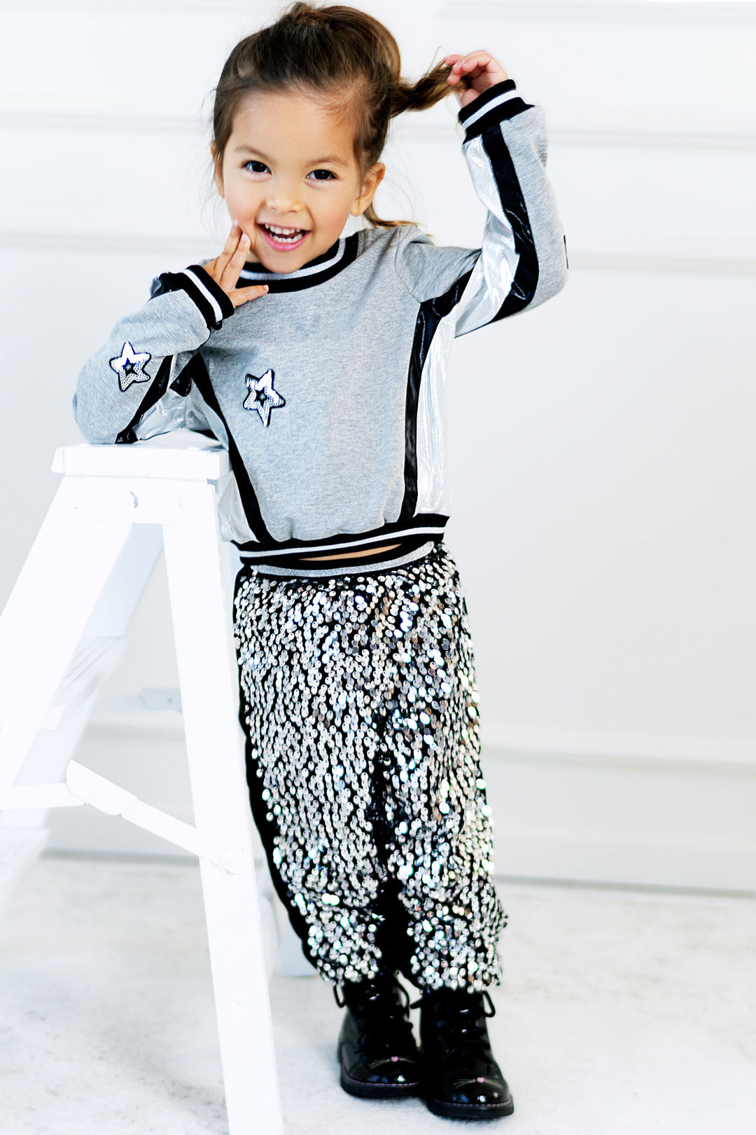 Baby Girl's Sporty Pleather Trim Star Crewneck