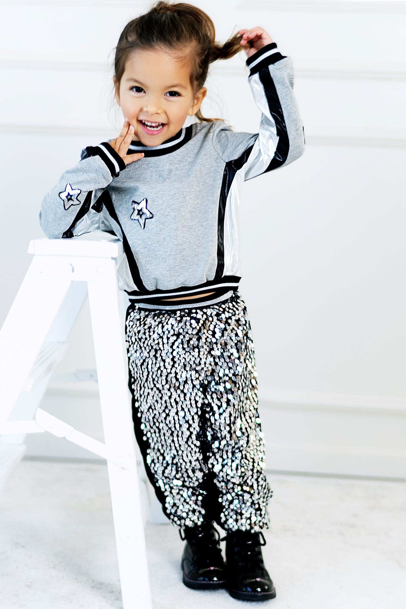 Baby Girl's Sporty Pleather Trim Star Crewneck