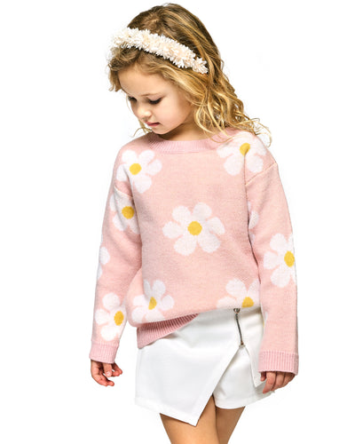 Little l Big Girl's Daisy Thin Knit Pullover Sweater B24393  Round Neckline Long Sleeves  Large All Over Daisy Print  Cozy & Comfy Thin Knit  The Perfect Transitional Piece!