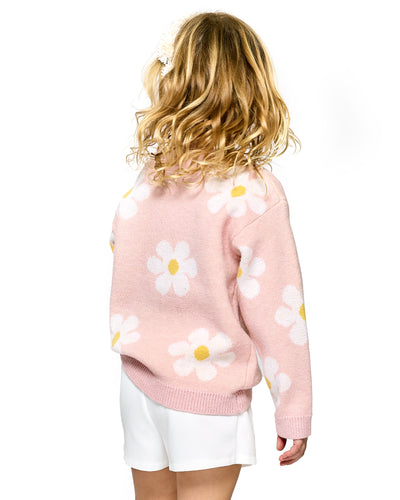 Little l Big Girl's Daisy Thin Knit Pullover Sweater B24393  Round Neckline Long Sleeves  Large All Over Daisy Print  Cozy & Comfy Thin Knit  The Perfect Transitional Piece!
