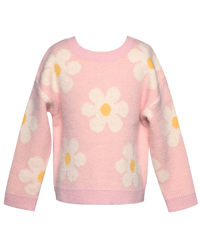 Little l Big Girl's Daisy Thin Knit Pullover Sweater B24393  Round Neckline Long Sleeves  Large All Over Daisy Print  Cozy & Comfy Thin Knit  The Perfect Transitional Piece!