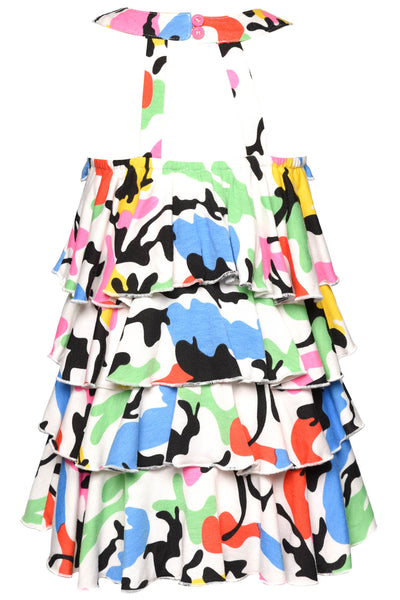 Toddler Girl's Primary Color Block Camo Tiered Dress B24394  Round Neckline  Sleeveless  Colorful Happy Emoji & Heart Patches On Neckline  Tiered Ruffles   A-Line  Cutout Razor Back 