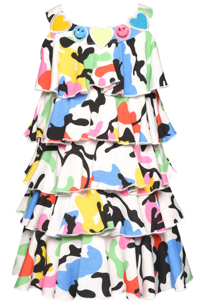 Toddler Girl's Primary Color Block Camo Tiered Dress B24394  Round Neckline  Sleeveless  Colorful Happy Emoji & Heart Patches On Neckline  Tiered Ruffles   A-Line  Cutout Razor Back 