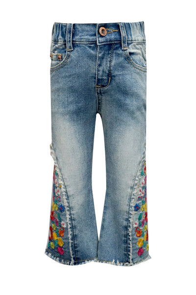 BELL BOTTOM STONE WASH JEANS WITH EMBROIDERED SIDE DETAIL