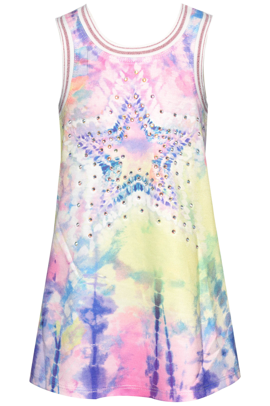 Little l Big Girl's A-Line Pastel Star Print Dress  Round Neckline  Sleeveless  Sporty Chic Ribbed Stripped Look  Pastel Neon Tie Dye Print  Star & Rhinestone Bling Center Statement  A-Line Fit  Razor Back     Key Words: Girl's Spring Dress, Little Girl's Dress, Toddler Dress, Summer Dress, Fun Girl's Dress, Tie Dye A-Line Dress, Star Rhinestone Dress