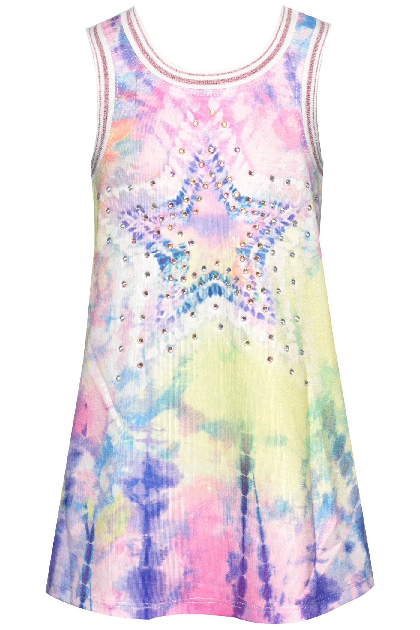 Little l Big Girl's A-Line Pastel Star Print Dress  Round Neckline  Sleeveless  Sporty Chic Ribbed Stripped Look  Pastel Neon Tie Dye Print  Star & Rhinestone Bling Center Statement  A-Line Fit  Razor Back     Key Words: Girl's Spring Dress, Little Girl's Dress, Toddler Dress, Summer Dress, Fun Girl's Dress, Tie Dye A-Line Dress, Star Rhinestone Dress