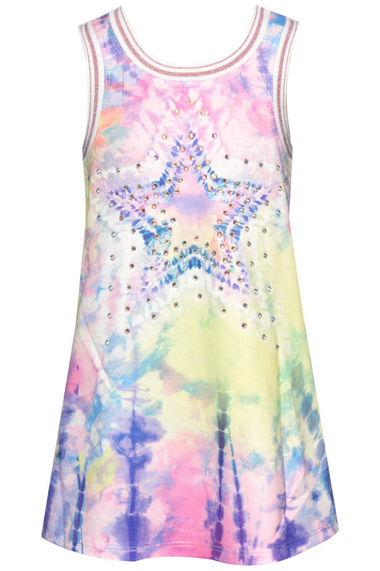Little l Big Girl's A-Line Pastel Star Print Dress  Round Neckline  Sleeveless  Sporty Chic Ribbed Stripped Look  Pastel Neon Tie Dye Print  Star & Rhinestone Bling Center Statement  A-Line Fit  Razor Back     Key Words: Girl's Spring Dress, Little Girl's Dress, Toddler Dress, Summer Dress, Fun Girl's Dress, Tie Dye A-Line Dress, Star Rhinestone Dress