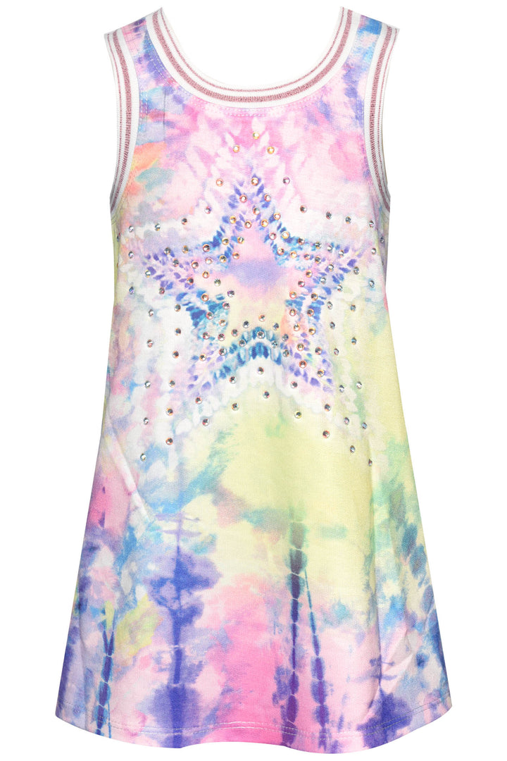 Little l Big Girl's A-Line Pastel Star Print Dress  Round Neckline  Sleeveless  Sporty Chic Ribbed Stripped Look  Pastel Neon Tie Dye Print  Star & Rhinestone Bling Center Statement  A-Line Fit  Razor Back     Key Words: Girl's Spring Dress, Little Girl's Dress, Toddler Dress, Summer Dress, Fun Girl's Dress, Tie Dye A-Line Dress, Star Rhinestone Dress