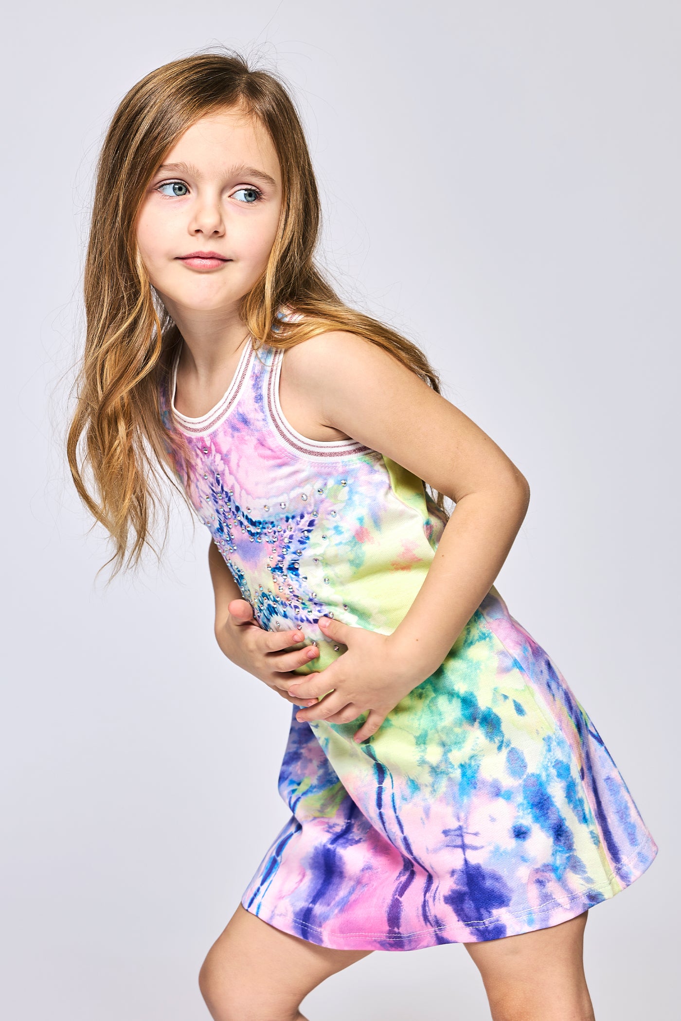 Little l Big Girl's A-Line Pastel Star Print Dress  Round Neckline  Sleeveless  Sporty Chic Ribbed Stripped Look  Pastel Neon Tie Dye Print  Star & Rhinestone Bling Center Statement  A-Line Fit  Razor Back     Key Words: Girl's Spring Dress, Little Girl's Dress, Toddler Dress, Summer Dress, Fun Girl's Dress, Tie Dye A-Line Dress, Star Rhinestone Dress