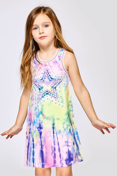 Little l Big Girl's A-Line Pastel Star Print Dress  Round Neckline  Sleeveless  Sporty Chic Ribbed Stripped Look  Pastel Neon Tie Dye Print  Star & Rhinestone Bling Center Statement  A-Line Fit  Razor Back     Key Words: Girl's Spring Dress, Little Girl's Dress, Toddler Dress, Summer Dress, Fun Girl's Dress, Tie Dye A-Line Dress, Star Rhinestone Dress