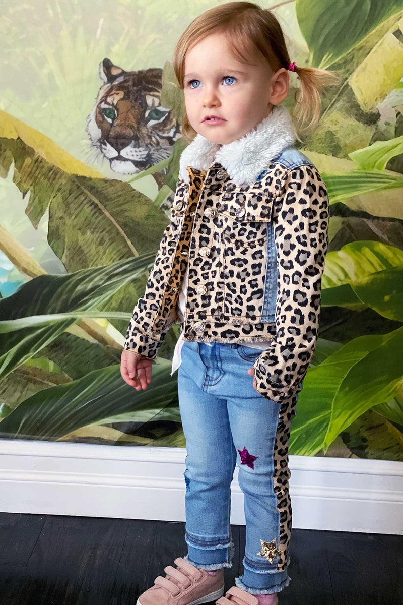 Baby Sara Little Girls Leopard Print Striped Washed Jeans