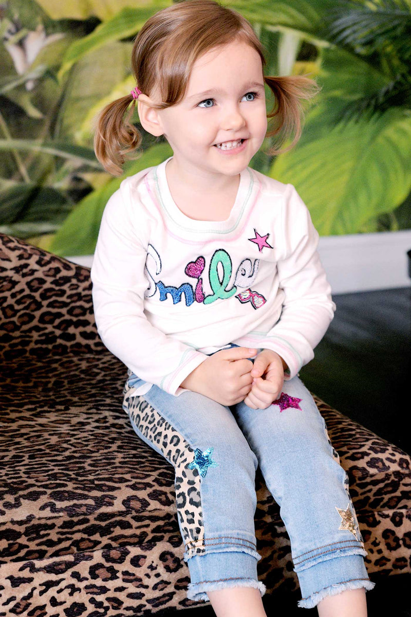 Baby Sara Little Girls Leopard Print Striped Washed Jeans