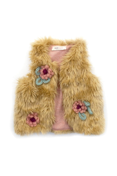 FAUX FUR VEST WITH YARN FLOWER TRIM DETAIL