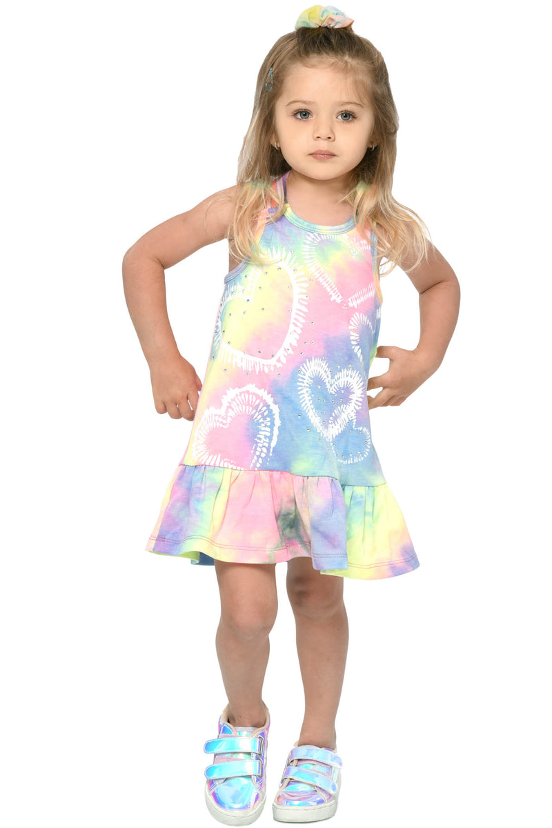 Drop Waist Heart Print Tie-Dye Dress W/Strap Trim Detail
