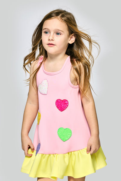 Little Girl's A-Line Heart Sequin Patch Color Block Dress  Rounded Scoop Neckline & Shoulder Bow  Sleeveless  Sequin Color Block Hearts   Color Block Contrasting Hem  Dropped Waistline   