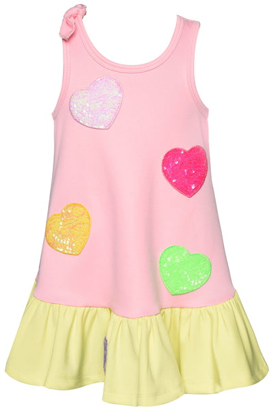 Little Girl's A-Line Heart Sequin Patch Color Block Dress  Rounded Scoop Neckline & Shoulder Bow  Sleeveless  Sequin Color Block Hearts   Color Block Contrasting Hem  Dropped Waistline   