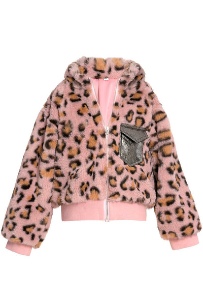 Baby Sara Little Girls Animal Print Faux Fur Hoodie Bomber Jacket