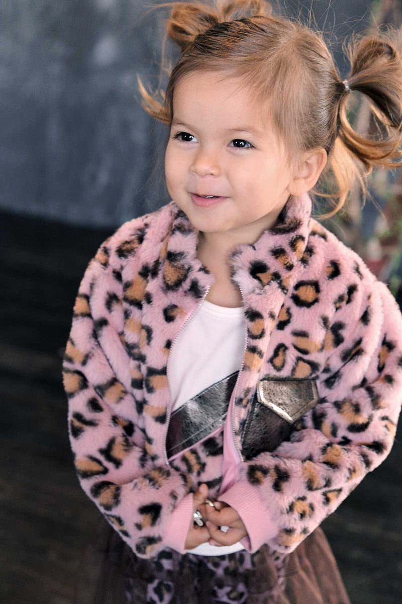 Baby Sara Little Girls Animal Print Faux Fur Hoodie Bomber Jacket