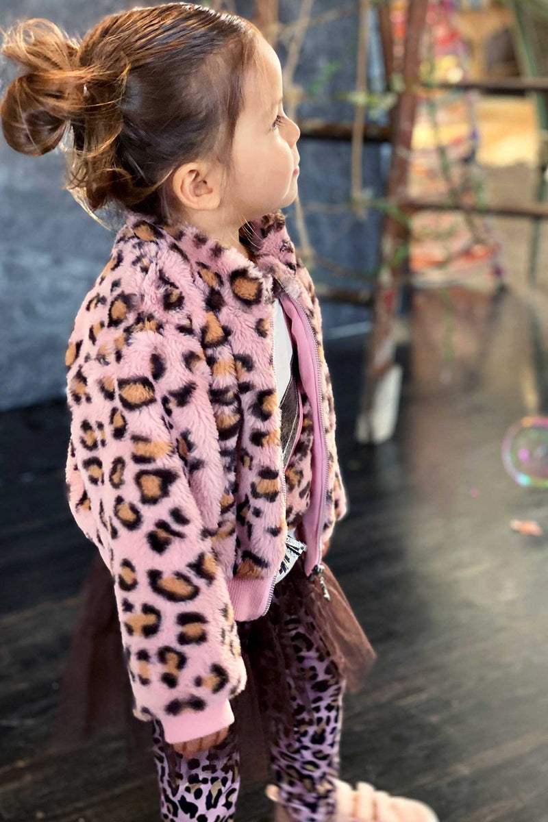 Baby Sara Little Girls Animal Print Faux Fur Hoodie Bomber Jacket