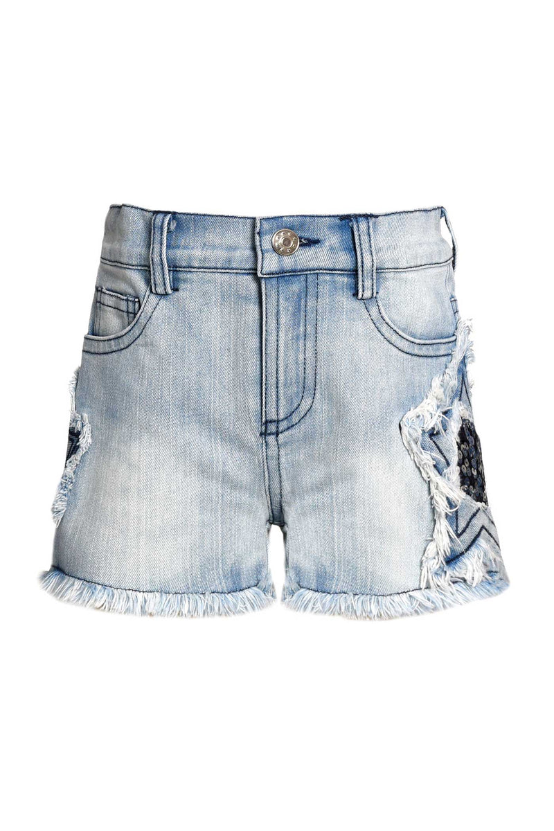 Baby Sara Little Girls Star Embellished Sequin Distressed Frayed Denim Jean Short shorts Acid Mineral Wash trendy chic luxe kids childrens clothing