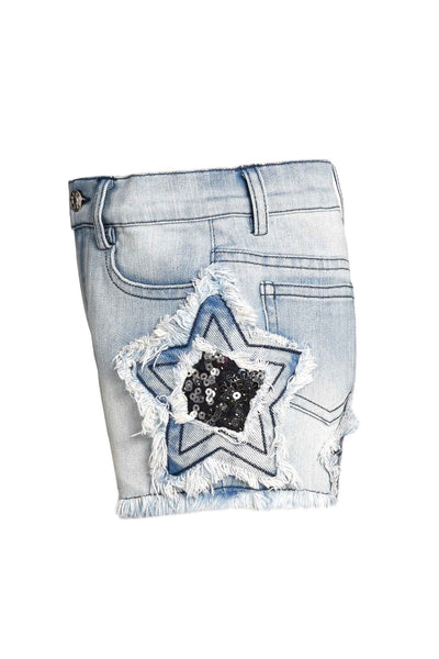 Baby Sara Little Girls Star Embellished Sequin Distressed Frayed Denim Jean Short shorts Acid Mineral Wash trendy chic luxe kids childrens clothing