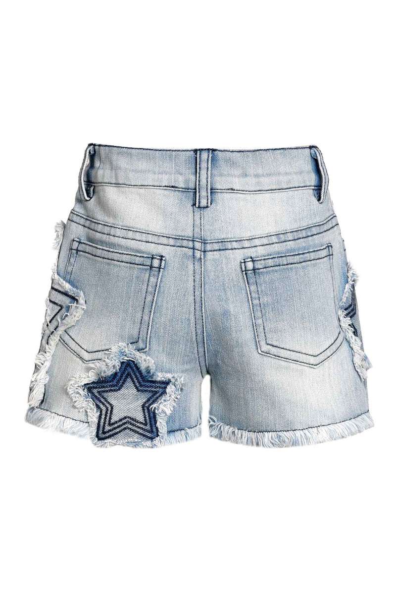 Baby Sara Little Girls Star Embellished Sequin Distressed Frayed Denim Jean Short shorts Acid Mineral Wash trendy chic luxe kids childrens clothing