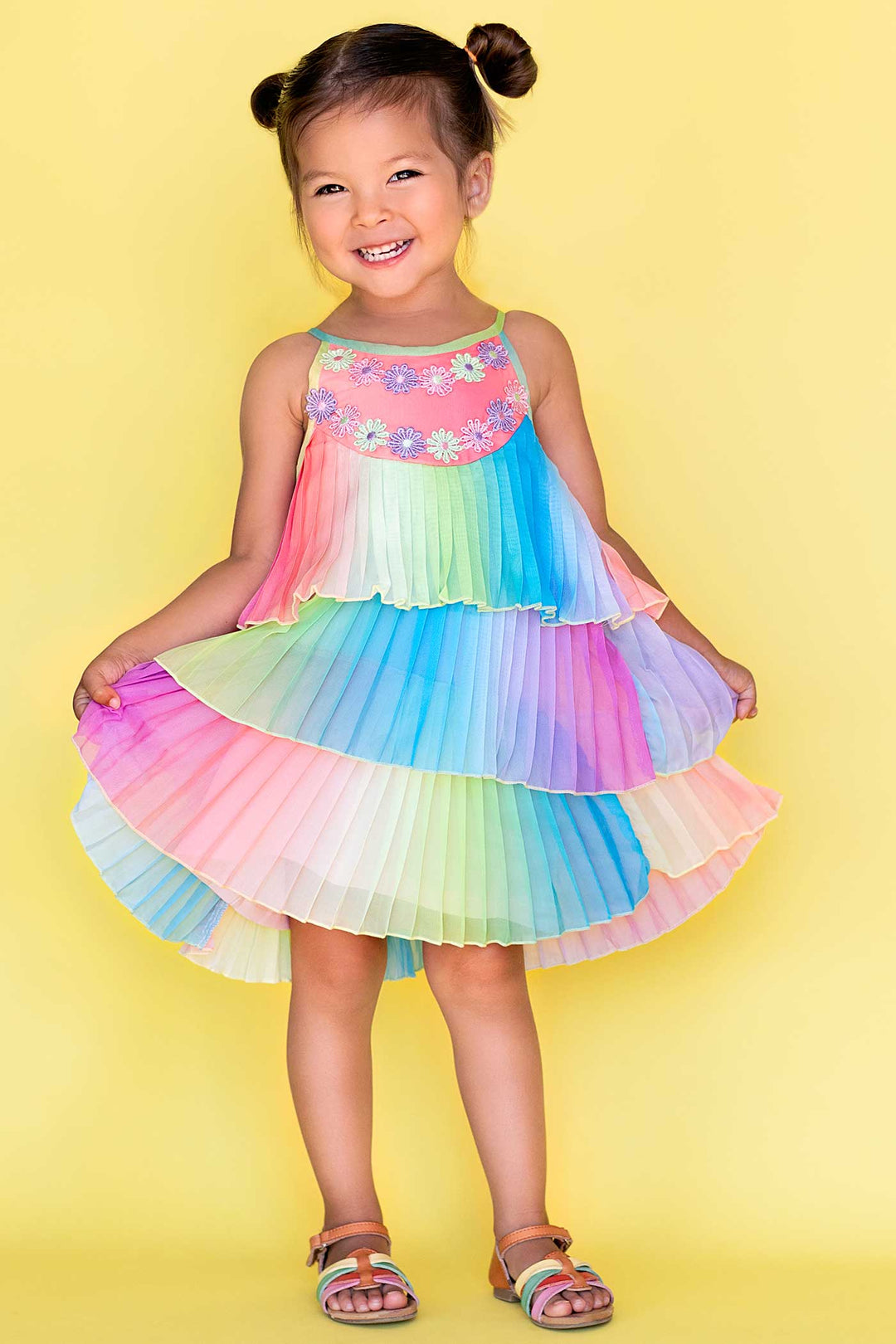 Little Girls Pleated Ruffle Tiered Rainbow Doll Dress