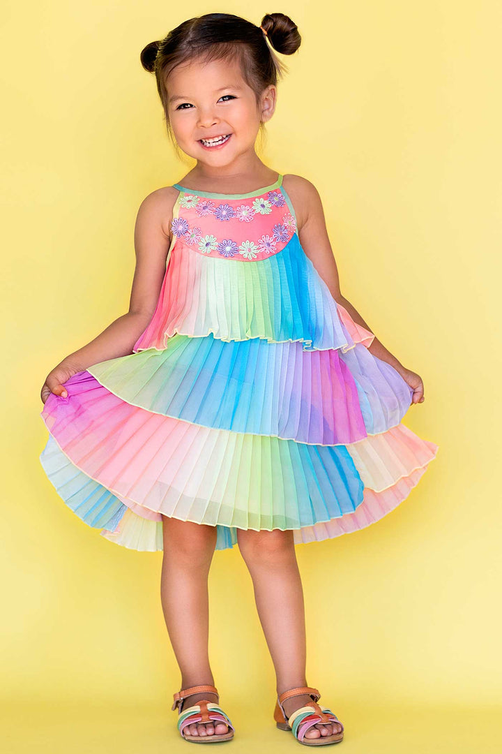 Little Girls Pleated Ruffle Tiered Rainbow Doll Dress