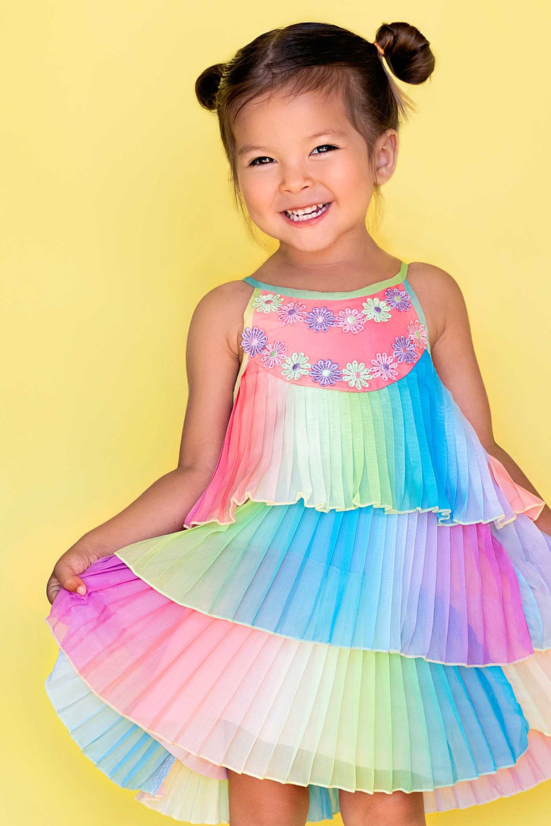 Little Girls Pleated Ruffle Tiered Rainbow Doll Dress