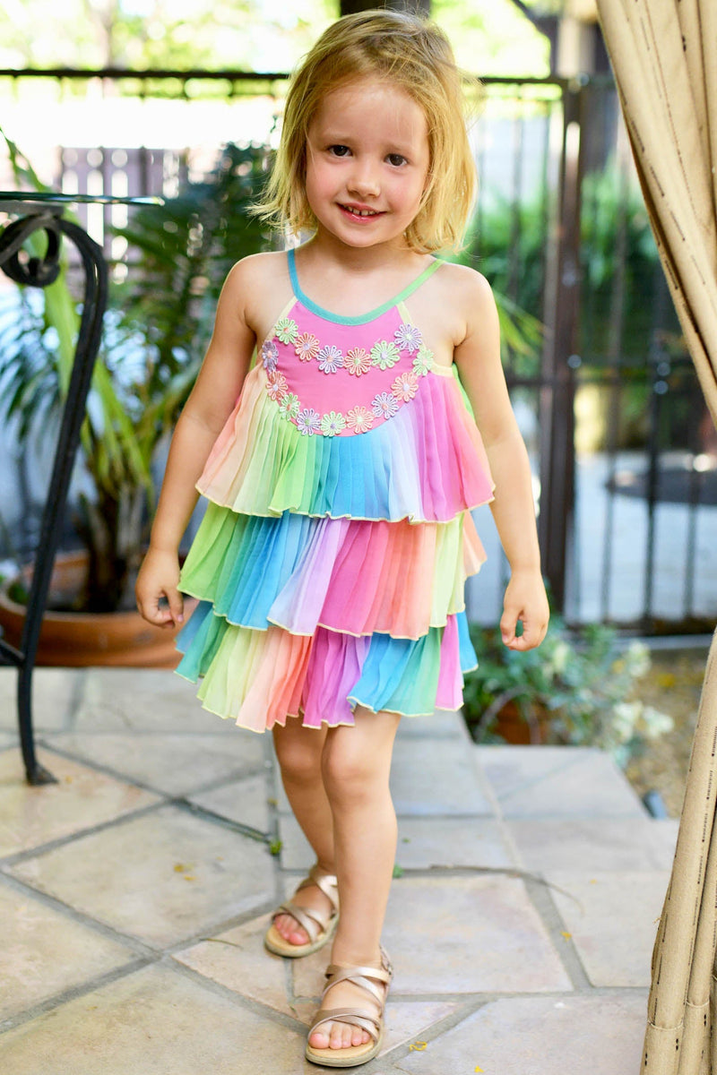 Little Girls Pleated Ruffle Tiered Rainbow Doll Dress