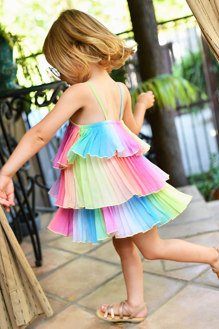 Little Girls Pleated Ruffle Tiered Rainbow Doll Dress