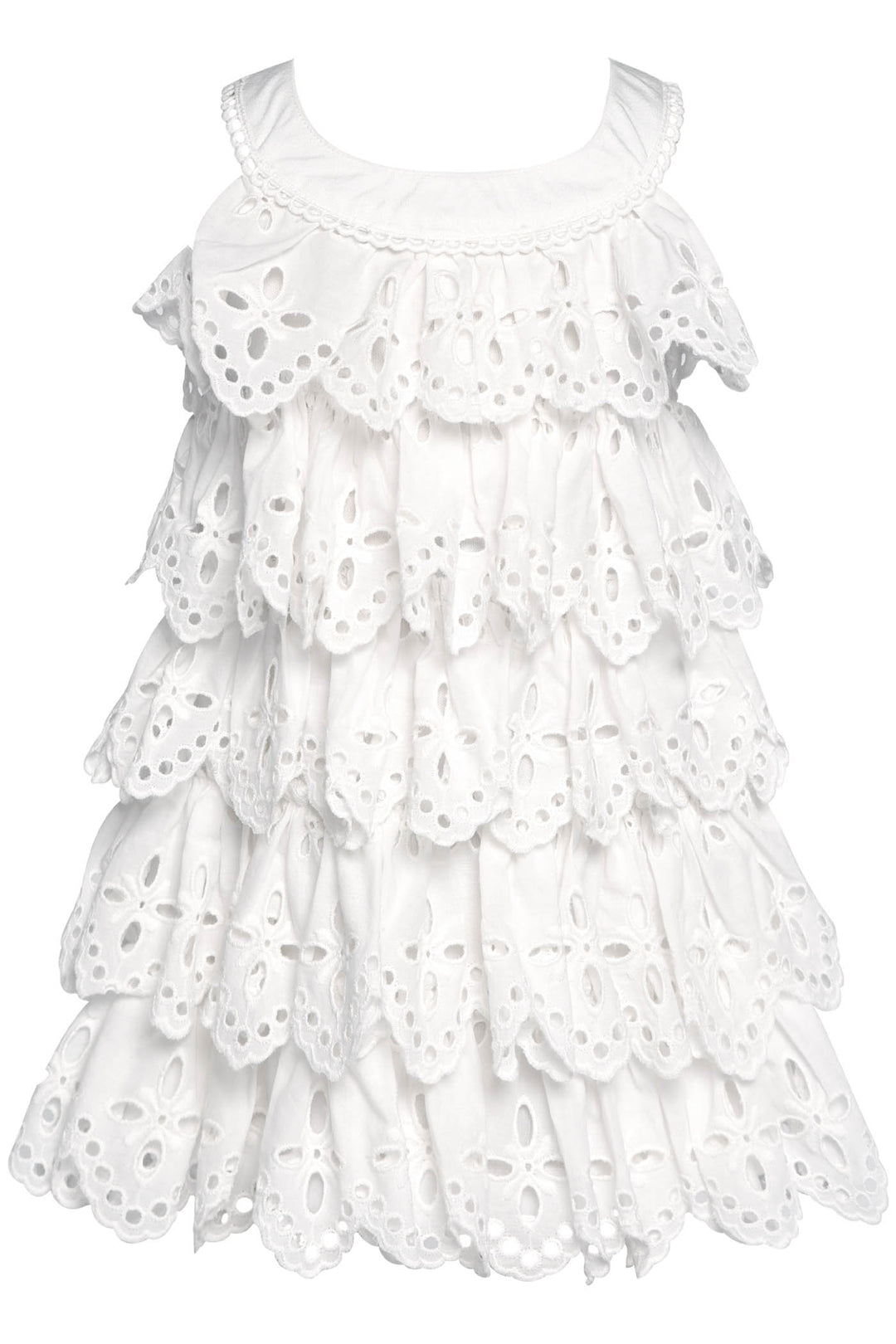 Toddler Baby Girl's Eyelet Tiered Dress  Rounded Scoop Neckline  Sleeveless  Tiered Dramatic Eyelet   Dramatic Yet Adorable  Perfect All-White Dress for Little Girls    Keywords: All White Dress, Little Girl's All White Dress, Summer Dress, Spring Dress, Garden Party Dress, Sundress, Easter Sunday Dress, Cottage Core Dress